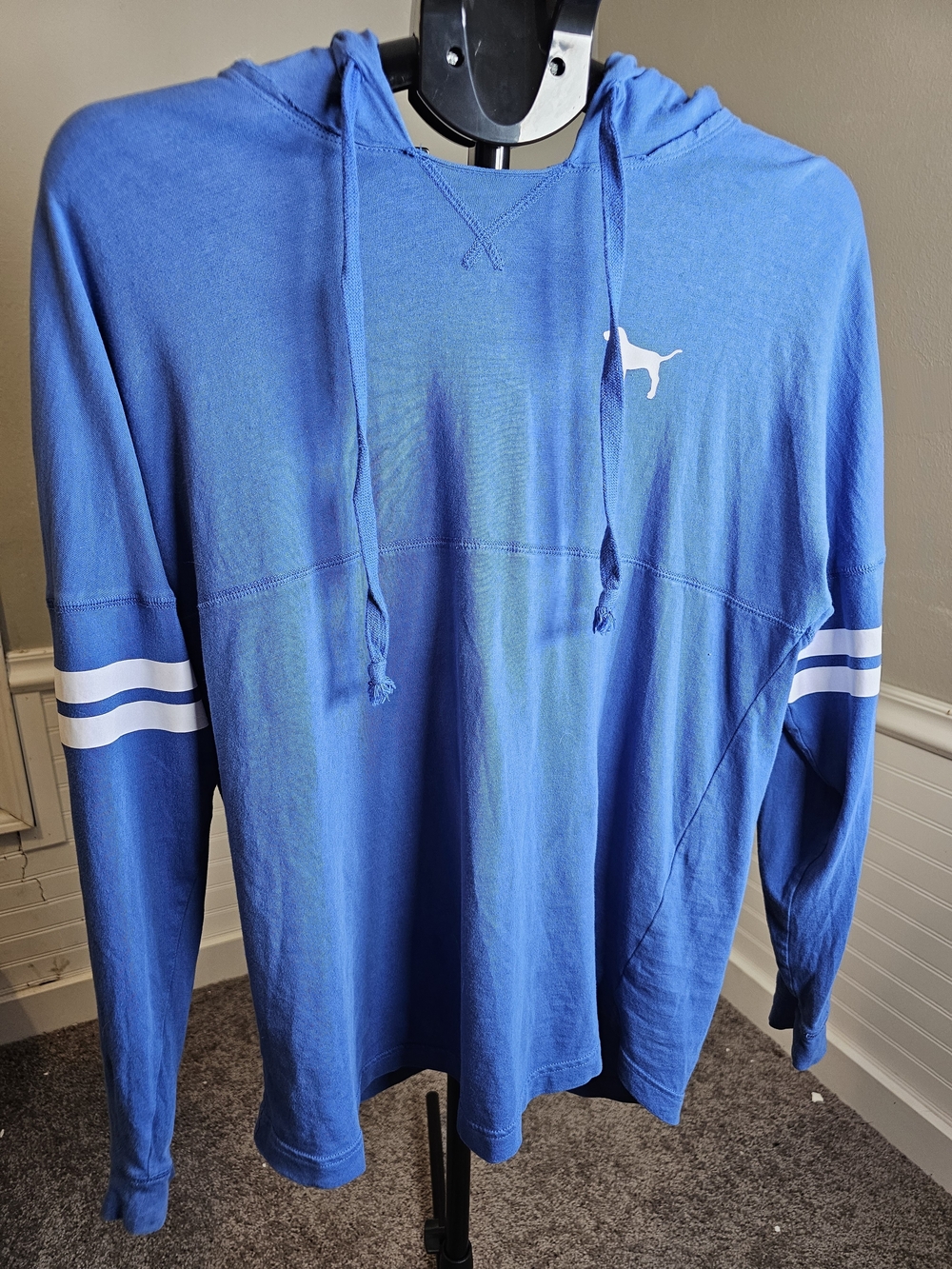Victoria's Secret Pink Blue Hooded Long-Sleeve Shirt with Stripes